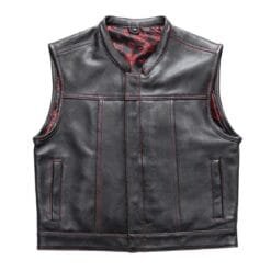 Men's Black Leather Motorcycle Vest with Red Paisley Lining front and interior views