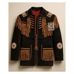 Men's Shadow Canyon fringe suede leather jacket with lace-up front and braided trim