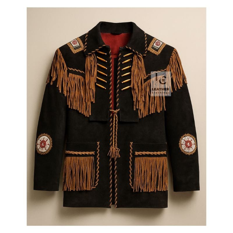 Men's Shadow Canyon fringe suede leather jacket with lace-up front and braided trim