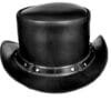 Black leather top hat with harness loop band and industrial steampunk design