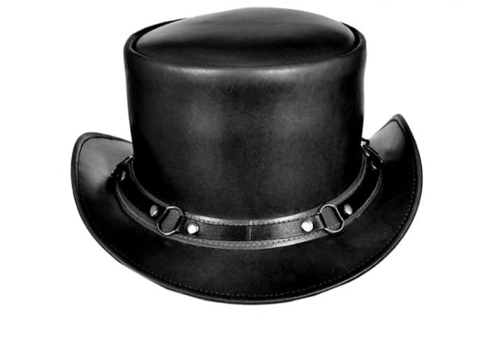 Black leather top hat with harness loop band and industrial steampunk design