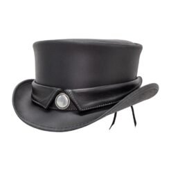 Black leather top hat with pearl concho band and Victorian Western styling
