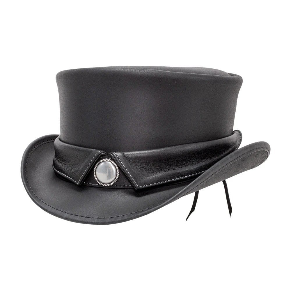 Black leather top hat with pearl concho band and Victorian Western styling
