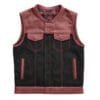 Men's Black & Burgundy Leather Motorcycle Vest with Paisley Lining front, back and interior views