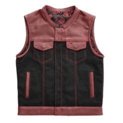 Men's Black & Burgundy Leather Motorcycle Vest with Paisley Lining front, back and interior views