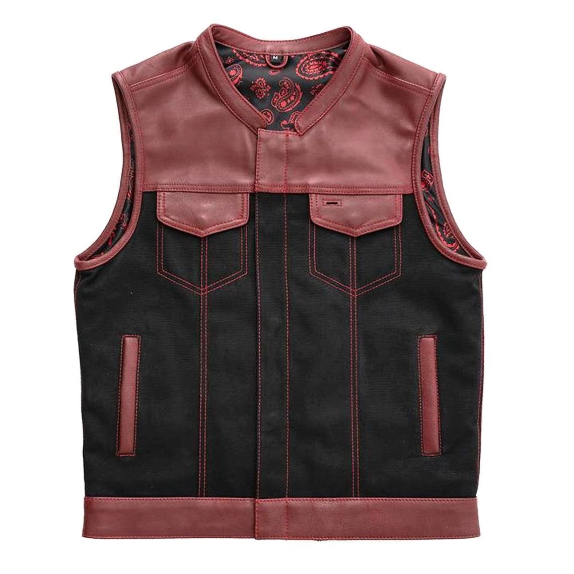 Men's Black & Burgundy Leather Motorcycle Vest with Paisley Lining front, back and interior views