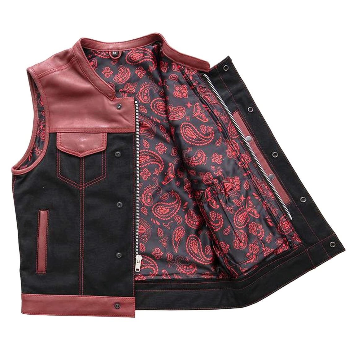Men's Black & Burgundy Leather Motorcycle Vest with Paisley Lining - Image 3