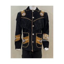Men's Black Ridge Fringe Suede Leather Jacket with whipstitch trim, contrast pocket panels, and rosette accents