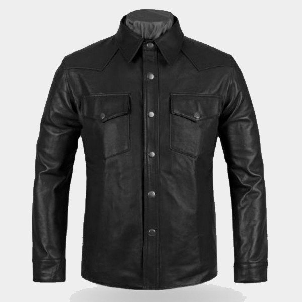 Men's Black Leather Snap Shirt with Steel Metal Buttons