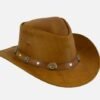 Brown leather cowboy hat with decorative band and concho details