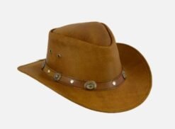 Brown leather cowboy hat with decorative band and concho details