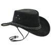 Black suede cowboy hat with braided band and chin strap