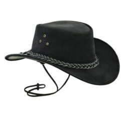 Black suede cowboy hat with braided band and chin strap
