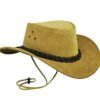 Light tan suede cowboy hat with black braided band and chin strap