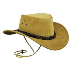 Light tan suede cowboy hat with black braided band and chin strap
