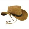Tan suede cowboy hat with braided band and chin strap