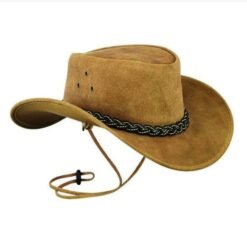 Tan suede cowboy hat with braided band and chin strap