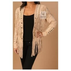 Western Women’s Beige Leather Jacket – Cowgirl Fringe Style with Long Tassels and Metal Studs