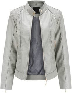 Women's Trendy Moto Short Fashion Leather Sheep Jacket Coat in Grey
