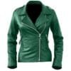 Women’s trendy green genuine sheep leather jacket with front zipper and fitted design
