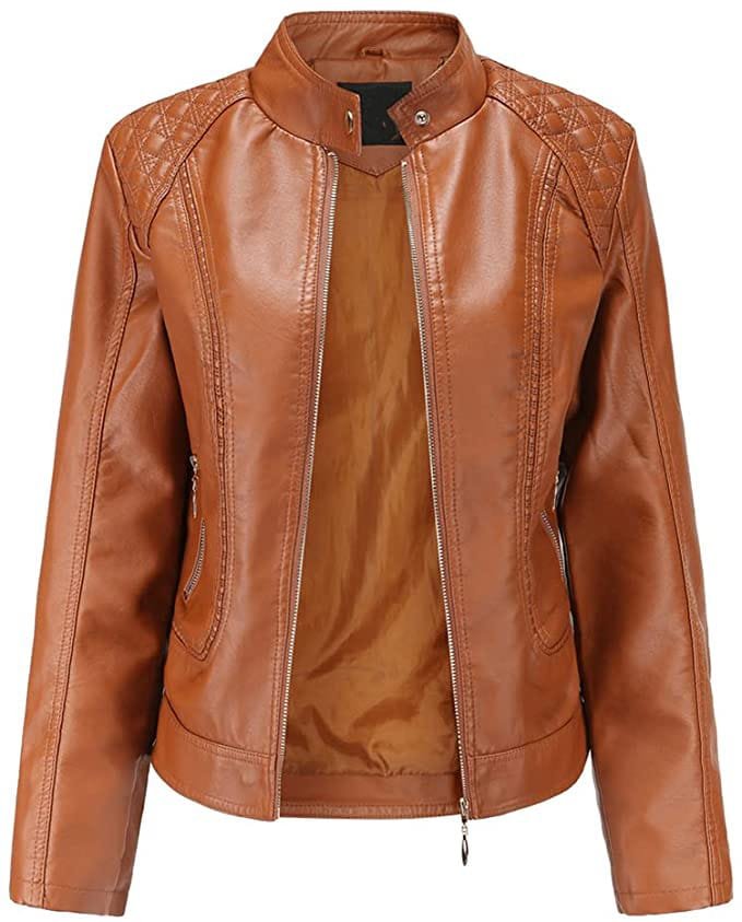 Women's Brown Trendy Moto Short Fashion Sheep Leather Jacket Coat