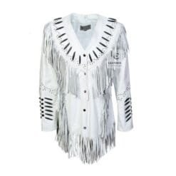 Women’s White Leather Fringe Western Jacket – Handmade Cowgirl Beaded and Studded Leather Coat by Leather Clothings