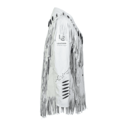 Women's Western White Suede Leather Jacket With Fringes, Bones & Beads
