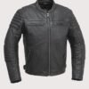 Men's Black Cafe Racer Leather Jacket with quilted sleeves, band collar, utility sleeve pocket, and YKK zipper closure
