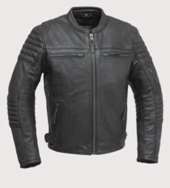 Men's Black Cafe Racer Leather Jacket with quilted sleeves, band collar, utility sleeve pocket, and YKK zipper closure