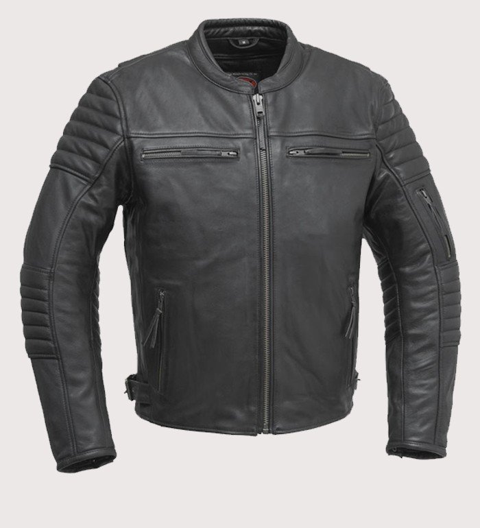 Men's Black Cafe Racer Leather Jacket with quilted sleeves, band collar, utility sleeve pocket, and YKK zipper closure