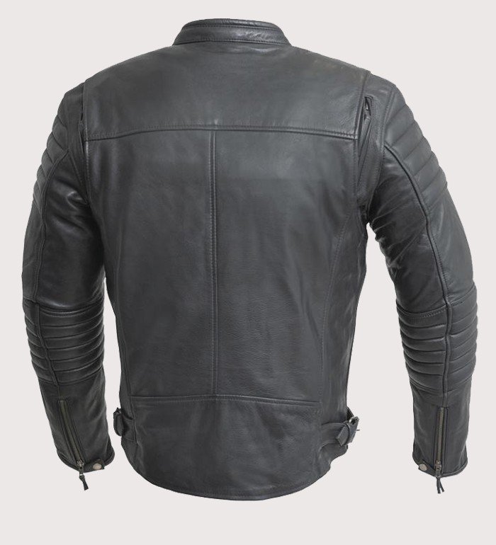Men's Black Cafe Racer Leather Jacket with Quilted Sleeves - Image 2