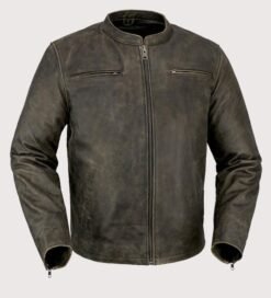 Men's vintage distressed brown leather cafe racer jacket with mandarin collar and zip front