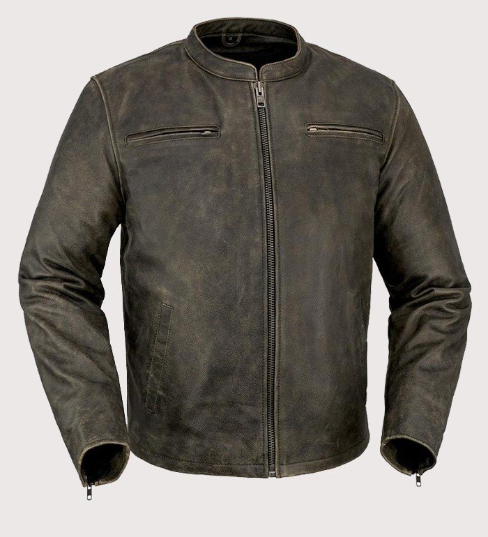 Men's vintage distressed brown leather cafe racer jacket with mandarin collar and zip front