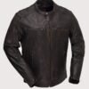 Distressed brown biker leather jacket with snap collar and zip pockets