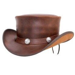 Brown leather top hat with Buffalo nickel conchos and pale rider frontier styling
