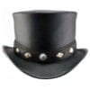 Black leather top hat with diamond inlay hatband and silver concho accent