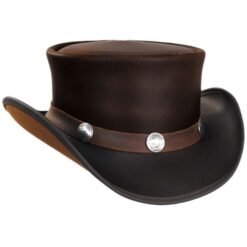 Dark brown leather top hat featuring buffalo nickel conchos and curved Western-style brim