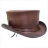 Brown leather top hat with feather accent and classic leather hatband