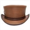 Brown leather top hat with feather accent and contrasting dark leather band