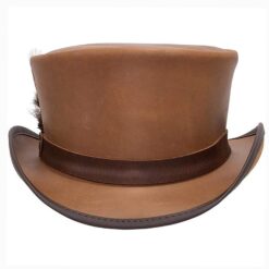 Brown leather top hat with feather accent and contrasting dark leather band