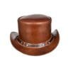 Brown leather top hat with harness loop band and frontier steampunk styling