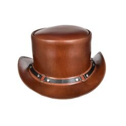 Brown leather top hat with harness loop band and frontier steampunk styling