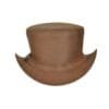 Brown distressed leather top hat with buckled band and vintage Western design