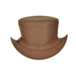 Brown distressed leather top hat with buckled band and vintage Western design