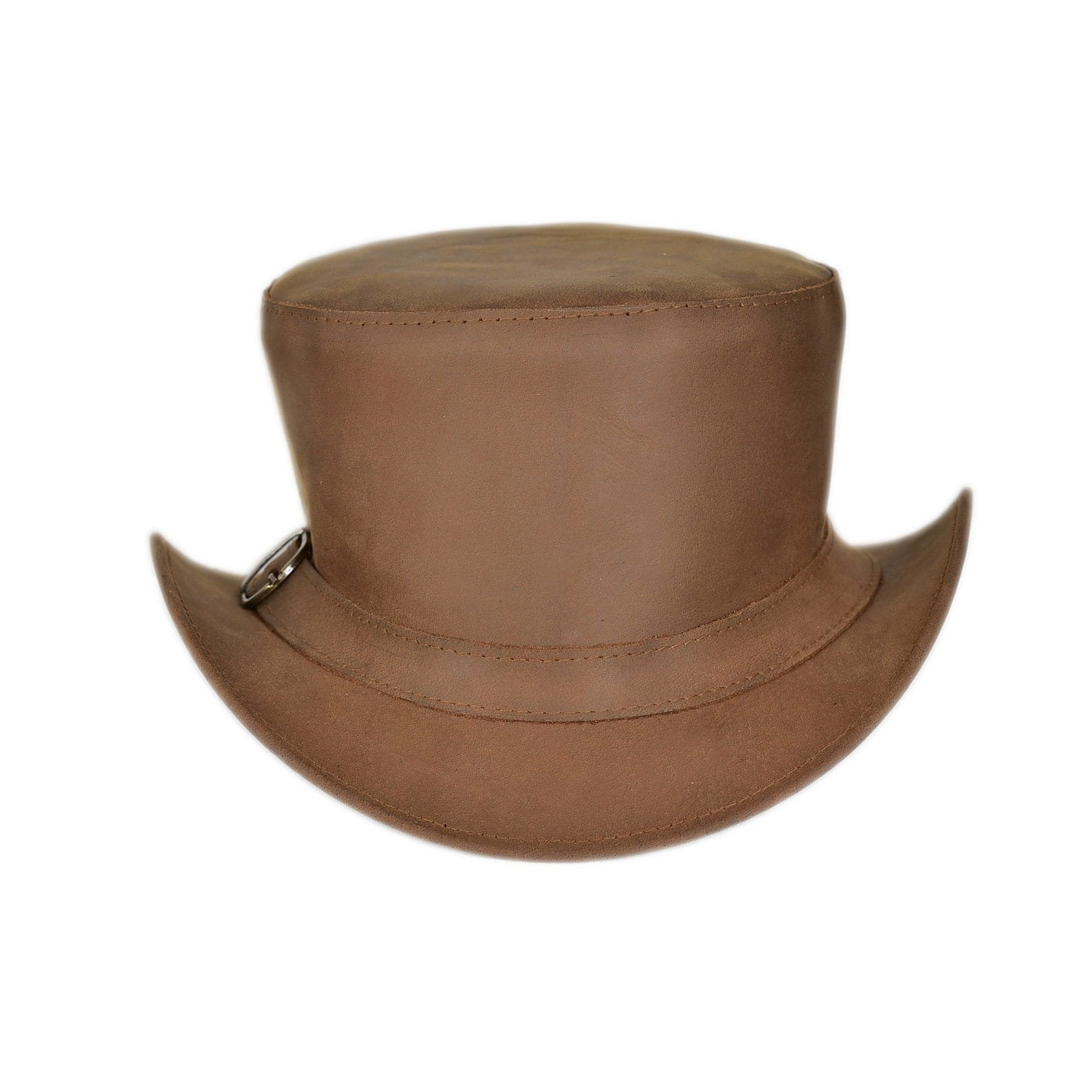 Brown distressed leather top hat with buckled band and vintage Western design