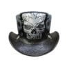 Black leather top hat with large skull print artwork and decorative skull accents