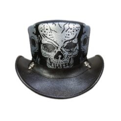 Black leather top hat with large skull print artwork and decorative skull accents