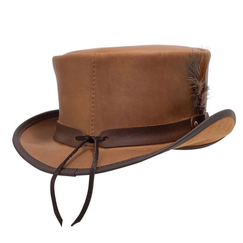 Marlow Brown Leather Top Hat with Feather Accent – Victorian Western Style - Image 3