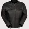 Antique black leather jacket with minimalist cafe racer design and zip pockets