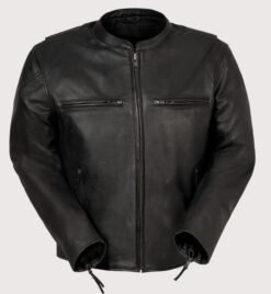 Antique black leather jacket with minimalist cafe racer design and zip pockets